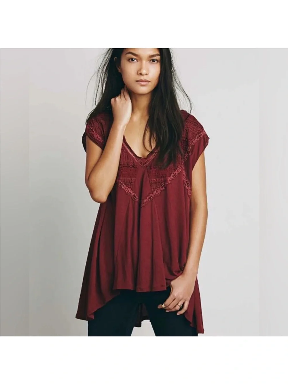 Free People Burgundy Boho Lace Flowy Top High Low
